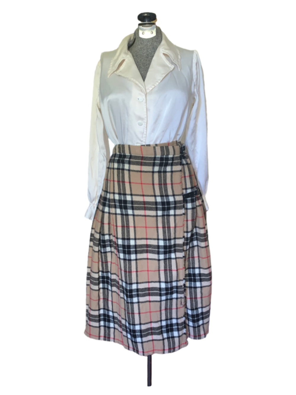 Women's Thompson camel tartan Midi Skirt kilt Size 8 Beige Black